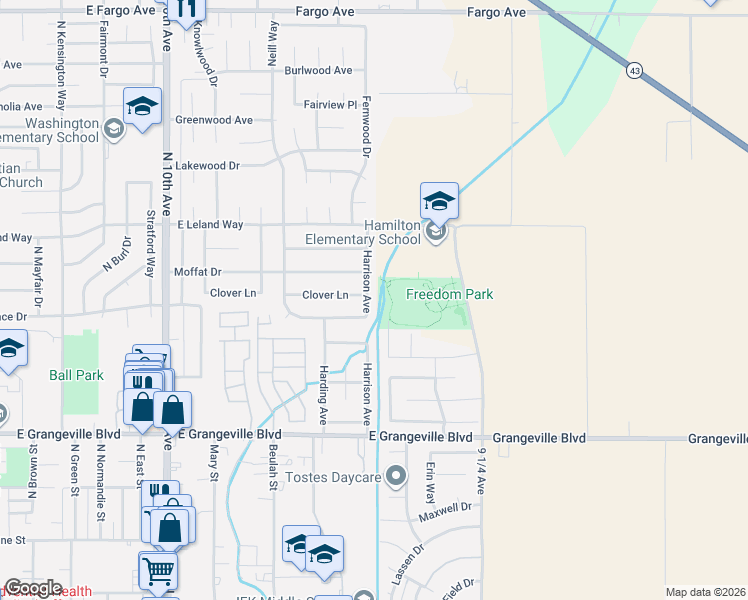 map of restaurants, bars, coffee shops, grocery stores, and more near 2023 Harrison Avenue in Hanford