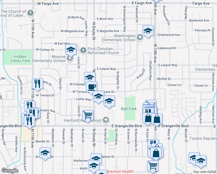 map of restaurants, bars, coffee shops, grocery stores, and more near 204 East Colonial Drive in Hanford