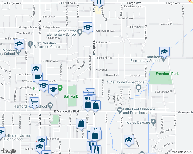 map of restaurants, bars, coffee shops, grocery stores, and more near 1970 Parker Place in Hanford