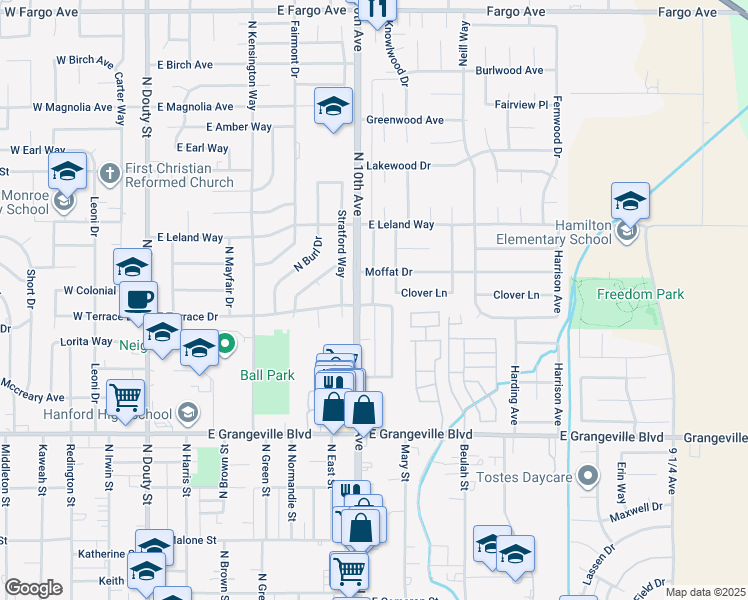 map of restaurants, bars, coffee shops, grocery stores, and more near 1972 Parker Place in Hanford