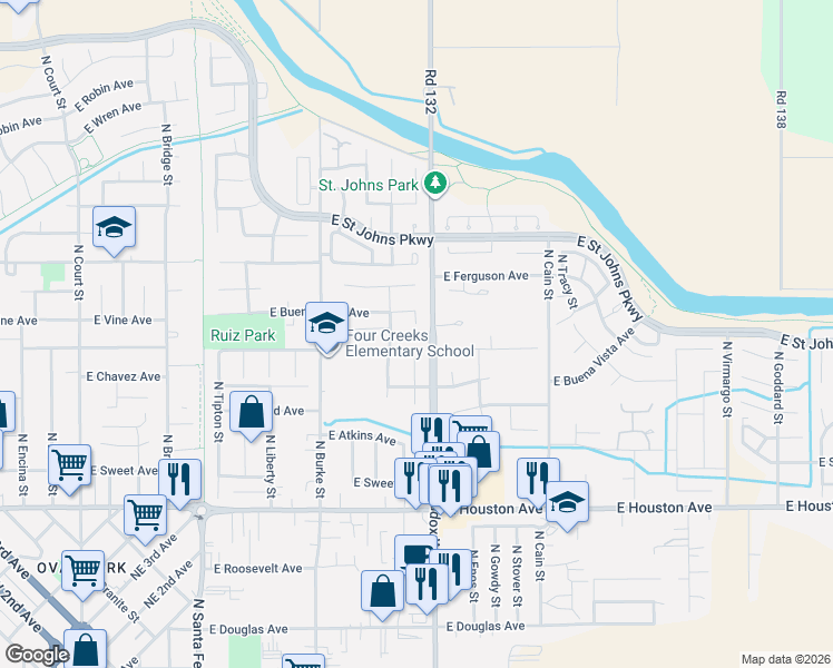 map of restaurants, bars, coffee shops, grocery stores, and more near 2043 North Charter Oak Court in Visalia