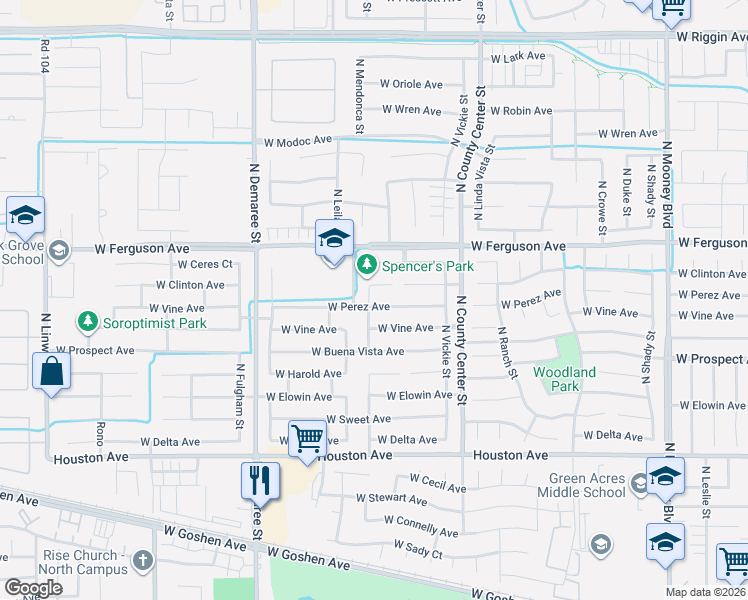 map of restaurants, bars, coffee shops, grocery stores, and more near 3136 West Clinton Court in Visalia