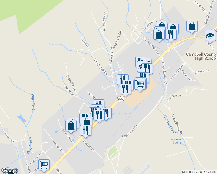 map of restaurants, bars, coffee shops, grocery stores, and more near Crowne Point Lane in LaFollette