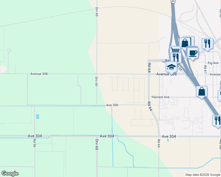 map of restaurants, bars, coffee shops, grocery stores, and more near 5999 Avenue 308 in Visalia