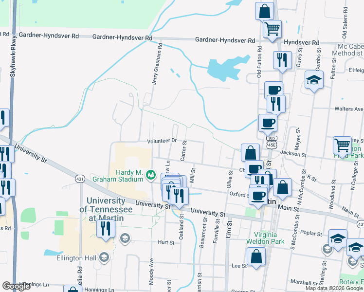 map of restaurants, bars, coffee shops, grocery stores, and more near 103 Volunteer Street in Martin