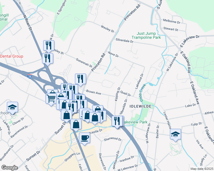 map of restaurants, bars, coffee shops, grocery stores, and more near 2306 Keys Lane in Johnson City