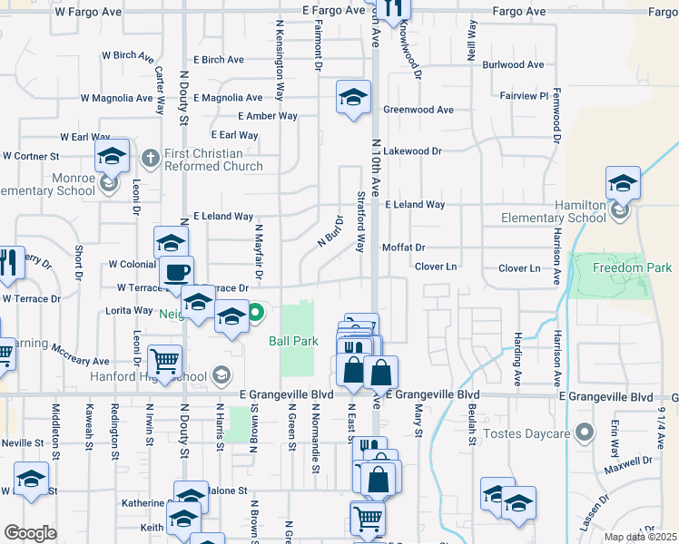 map of restaurants, bars, coffee shops, grocery stores, and more near 602 East Terrace Drive in Hanford