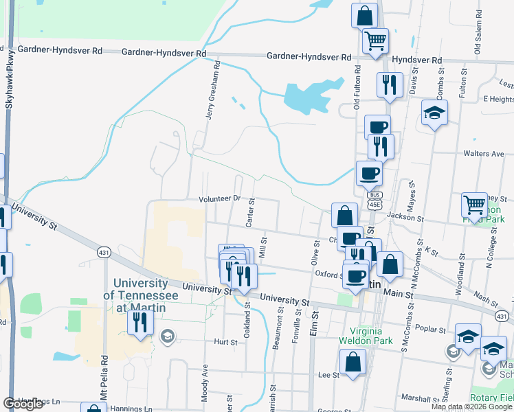 map of restaurants, bars, coffee shops, grocery stores, and more near 103 Volunteer Street in Martin