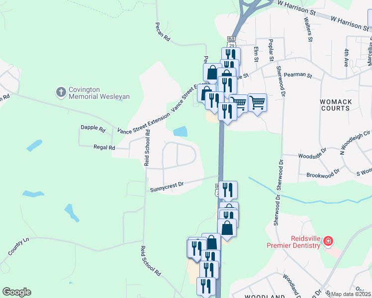 map of restaurants, bars, coffee shops, grocery stores, and more near 321 Carter Ridge Drive in Reidsville
