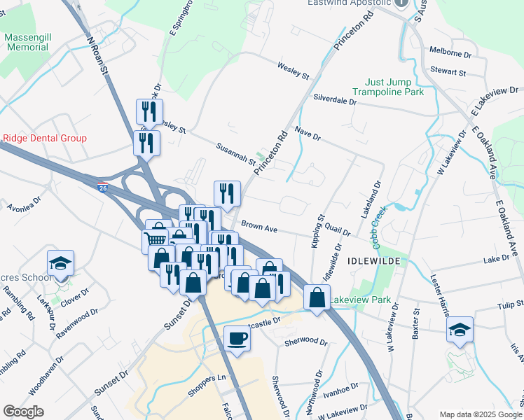 map of restaurants, bars, coffee shops, grocery stores, and more near 2320 Princeton Lane in Johnson City