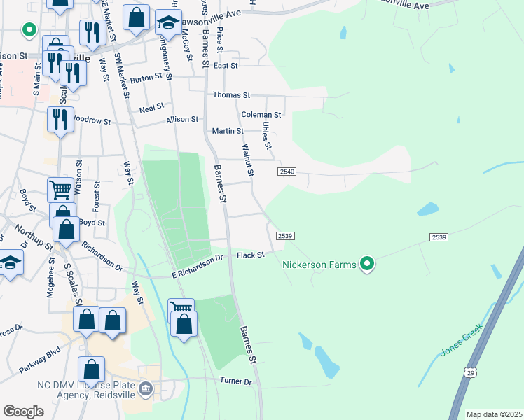 map of restaurants, bars, coffee shops, grocery stores, and more near 1501 Walnut Street in Reidsville