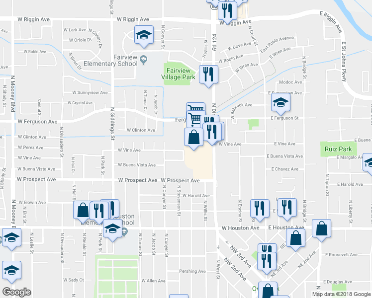 map of restaurants, bars, coffee shops, grocery stores, and more near 720 West Vine Avenue in Visalia
