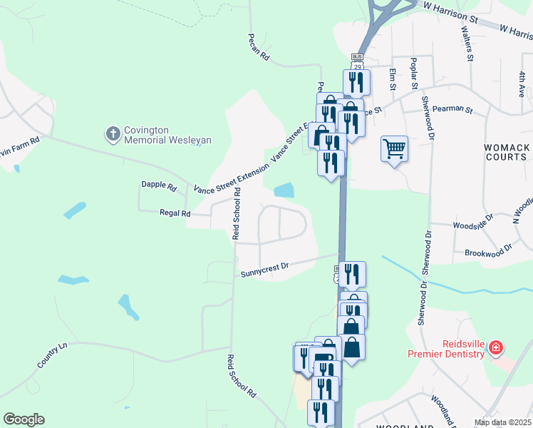 map of restaurants, bars, coffee shops, grocery stores, and more near 501 Carter Ridge Drive in Reidsville