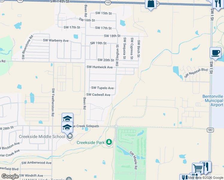map of restaurants, bars, coffee shops, grocery stores, and more near 2200 Southwest Tupelo Avenue in Bentonville