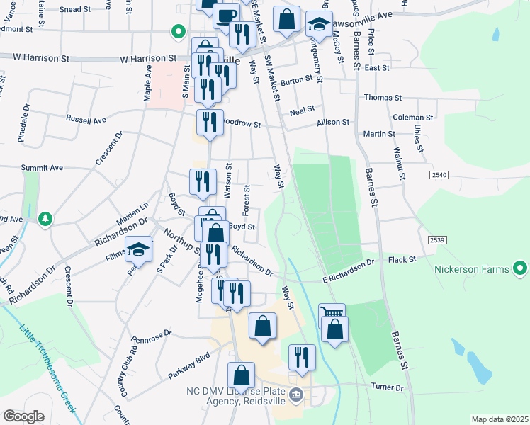 map of restaurants, bars, coffee shops, grocery stores, and more near 200 Prescott Street in Reidsville