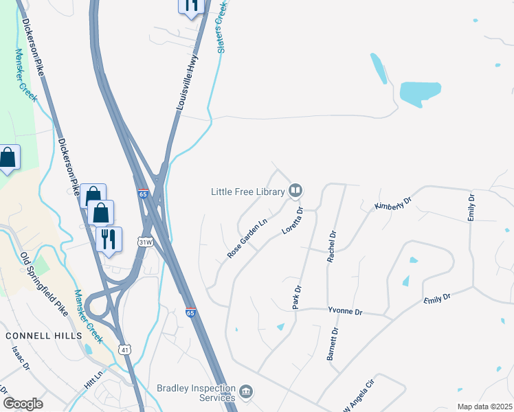 map of restaurants, bars, coffee shops, grocery stores, and more near 121 Paige Park Lane in Goodlettsville
