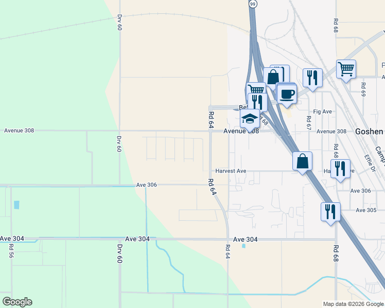 map of restaurants, bars, coffee shops, grocery stores, and more near 30547 Delancy Rd in Visalia
