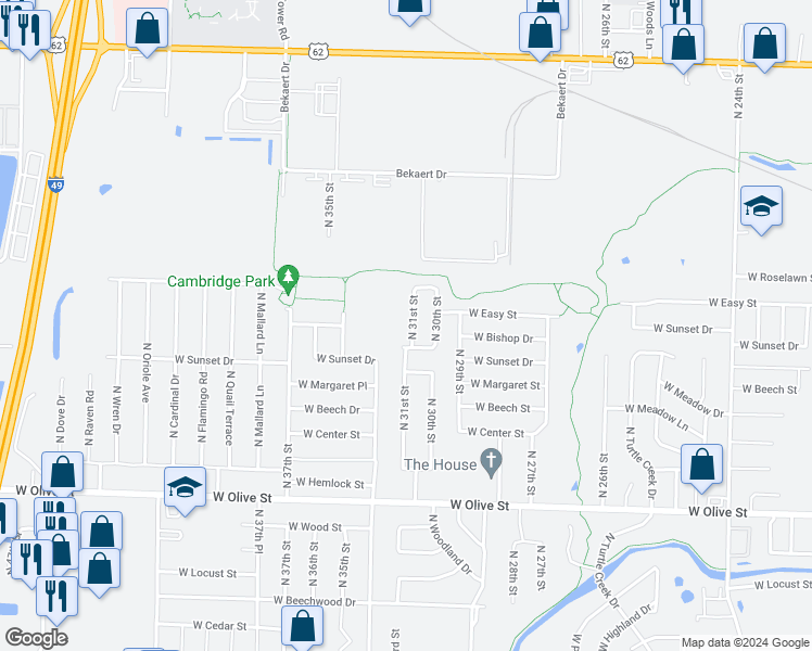 map of restaurants, bars, coffee shops, grocery stores, and more near 1206 North 31st Street in Rogers