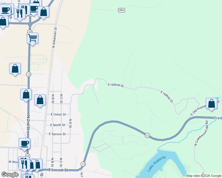 map of restaurants, bars, coffee shops, grocery stores, and more near 794 East Hilltop Drive in Rogers