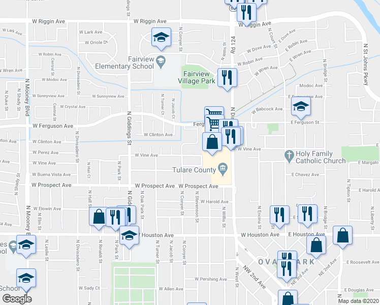 map of restaurants, bars, coffee shops, grocery stores, and more near 818 West Vine Avenue in Visalia