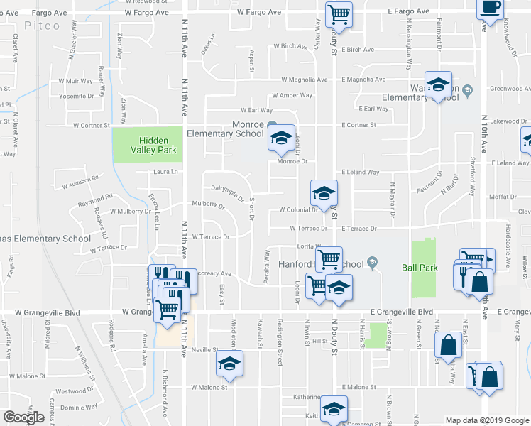 map of restaurants, bars, coffee shops, grocery stores, and more near 261 West Terrace Drive in Hanford