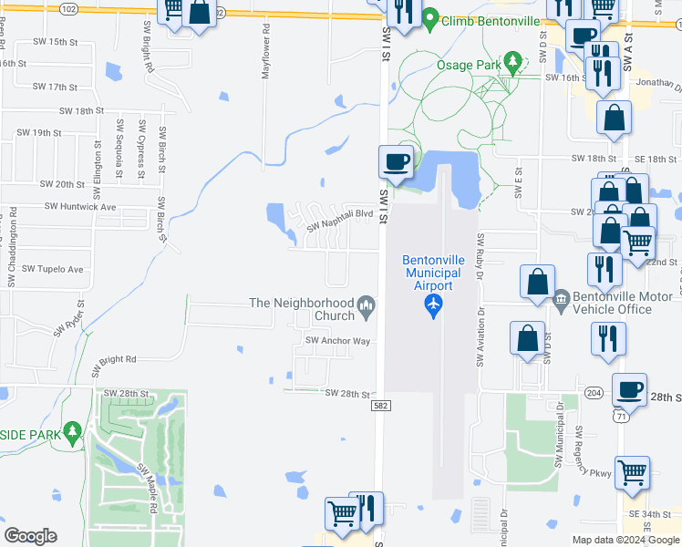 map of restaurants, bars, coffee shops, grocery stores, and more near 2612 Southwest Livingston Square in Bentonville