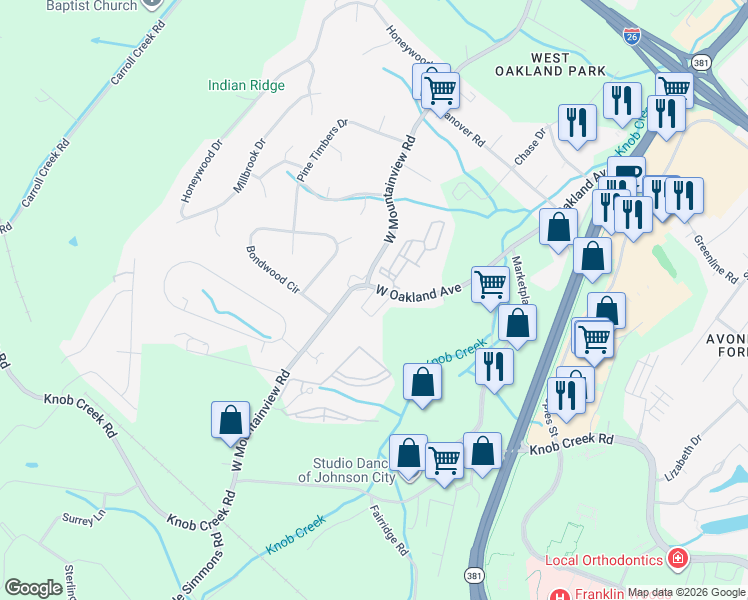 map of restaurants, bars, coffee shops, grocery stores, and more near 2 Charleston Court in Johnson City