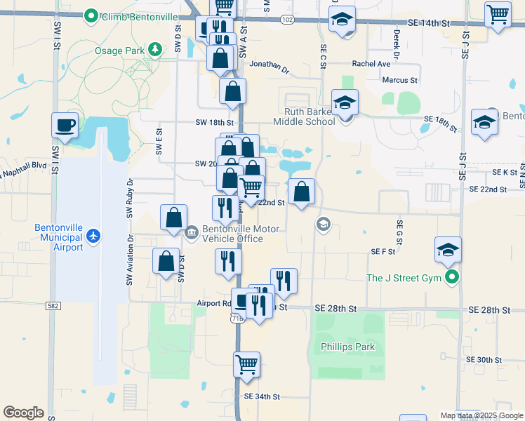map of restaurants, bars, coffee shops, grocery stores, and more near 101 Southeast 22nd Street in Bentonville