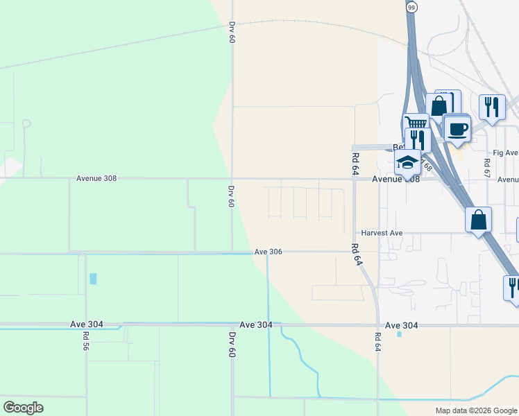 map of restaurants, bars, coffee shops, grocery stores, and more near 5999 Avenue 308 in Visalia