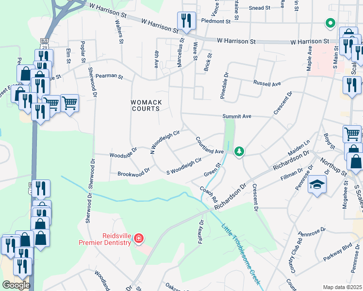 map of restaurants, bars, coffee shops, grocery stores, and more near 1116 Rosemont Drive in Reidsville