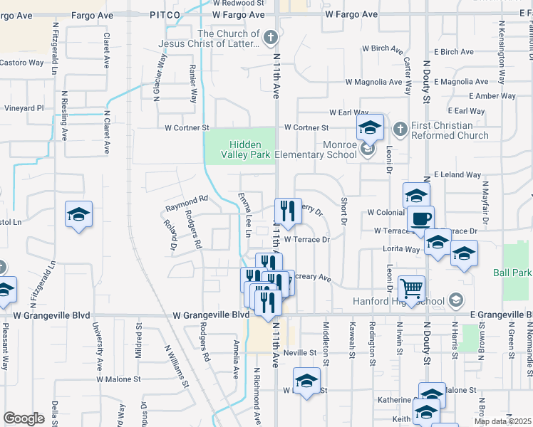 map of restaurants, bars, coffee shops, grocery stores, and more near 2045 Mulberry Drive in Hanford