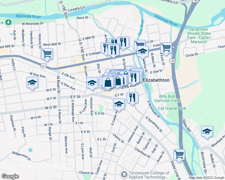 map of restaurants, bars, coffee shops, grocery stores, and more near 441 East Elk Avenue in Elizabethton
