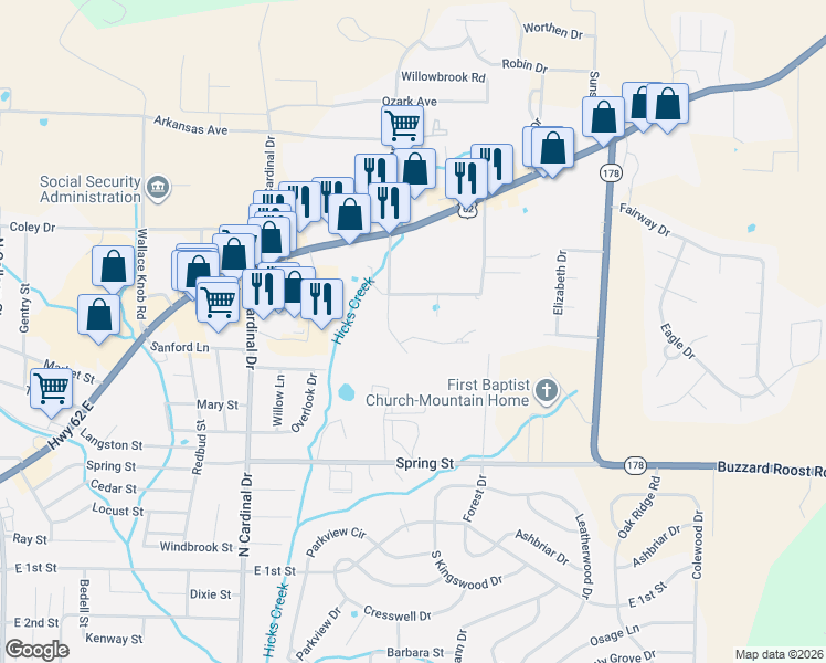 map of restaurants, bars, coffee shops, grocery stores, and more near 1310 Bradley Drive in Mountain Home