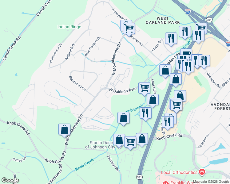 map of restaurants, bars, coffee shops, grocery stores, and more near 1084 West Oakland Avenue in Johnson City
