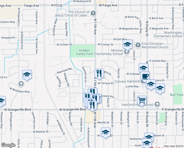 map of restaurants, bars, coffee shops, grocery stores, and more near 2045 Mulberry Drive in Hanford