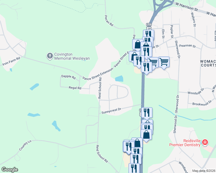 map of restaurants, bars, coffee shops, grocery stores, and more near 104 Sydney Court in Reidsville