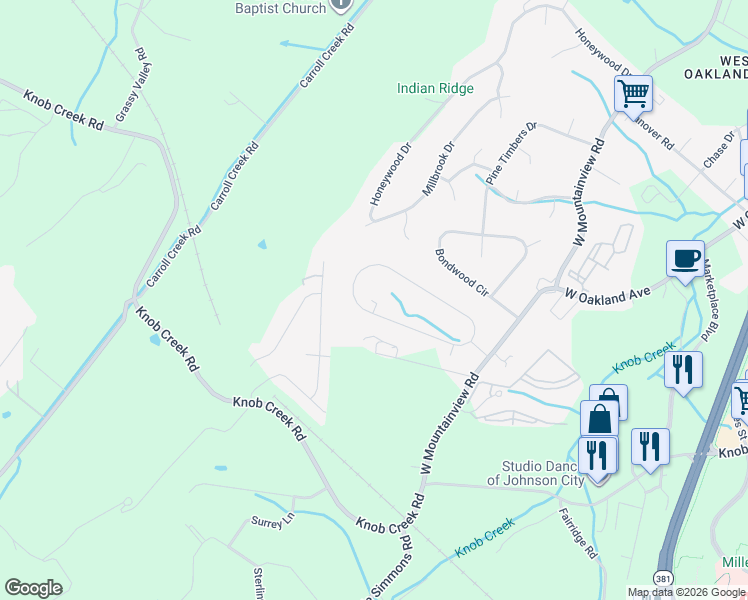 map of restaurants, bars, coffee shops, grocery stores, and more near 3341 Berkshire Circle in Johnson City