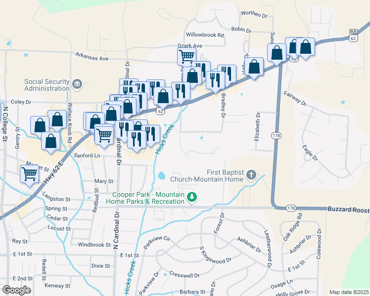 map of restaurants, bars, coffee shops, grocery stores, and more near 1301 Porter Lane in Mountain Home
