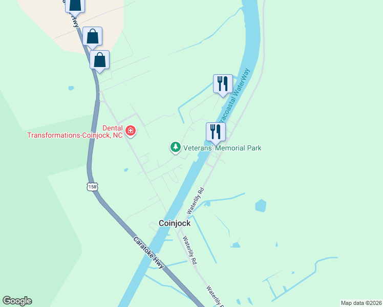 map of restaurants, bars, coffee shops, grocery stores, and more near 132 Coinjock Canal Road in Coinjock