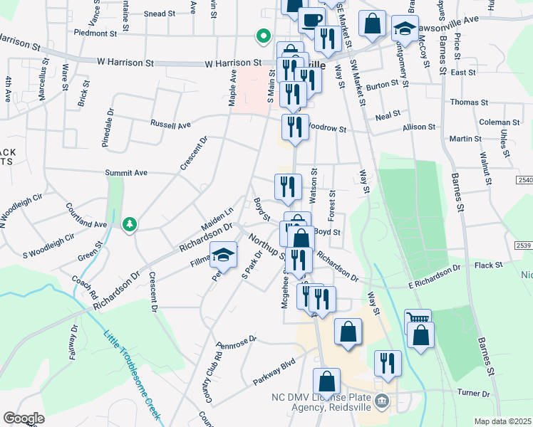map of restaurants, bars, coffee shops, grocery stores, and more near 513 Silver Street in Reidsville
