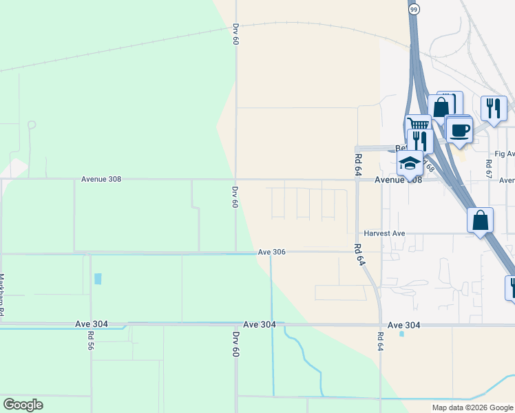 map of restaurants, bars, coffee shops, grocery stores, and more near 5999 Avenue 308 in Visalia