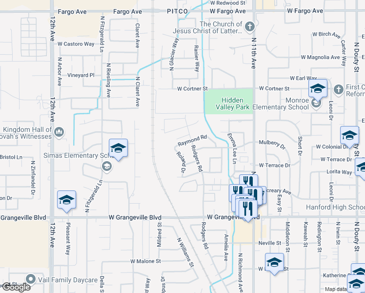 map of restaurants, bars, coffee shops, grocery stores, and more near 1093 Raymond Road in Hanford