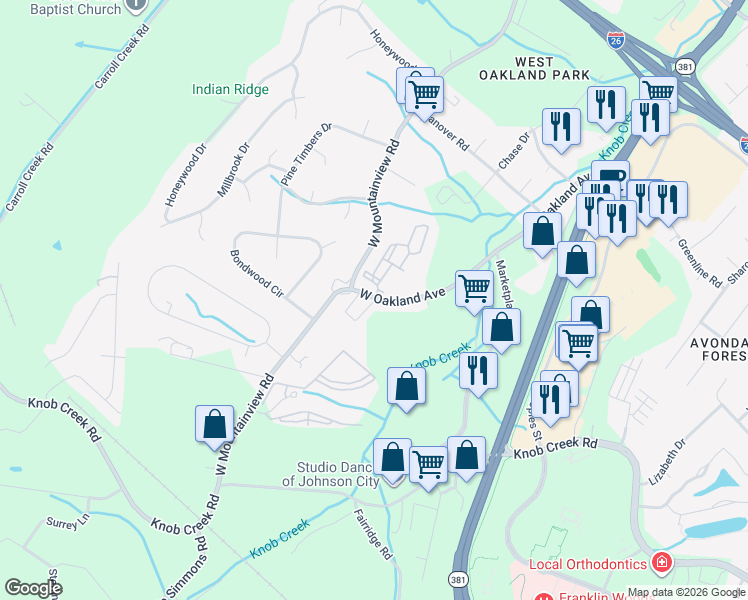 map of restaurants, bars, coffee shops, grocery stores, and more near 2 Charleston Court in Johnson City