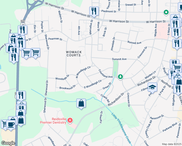 map of restaurants, bars, coffee shops, grocery stores, and more near 1116 Rosemont Drive in Reidsville