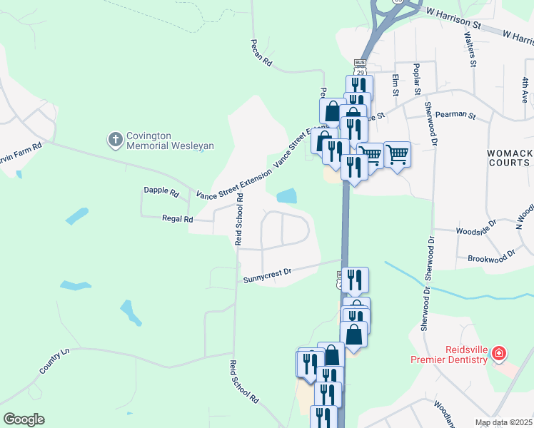 map of restaurants, bars, coffee shops, grocery stores, and more near 501 Carter Ridge Drive in Reidsville
