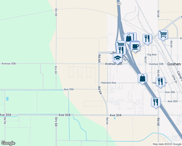 map of restaurants, bars, coffee shops, grocery stores, and more near 6251-6297 Avenue 308 in Visalia