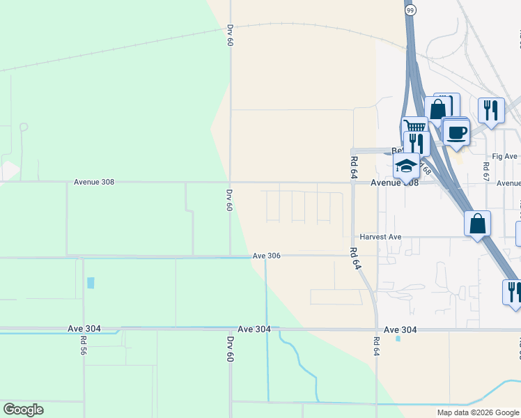map of restaurants, bars, coffee shops, grocery stores, and more near 5999 Avenue 308 in Visalia