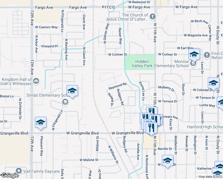 map of restaurants, bars, coffee shops, grocery stores, and more near 1093 Raymond Road in Hanford