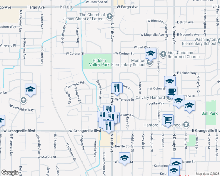 map of restaurants, bars, coffee shops, grocery stores, and more near 2045 Mulberry Drive in Hanford
