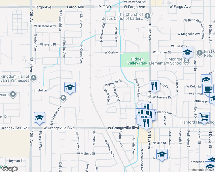 map of restaurants, bars, coffee shops, grocery stores, and more near 2036 Rodgers Road in Hanford